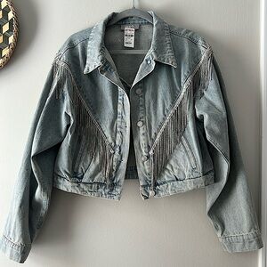 Jean rhinestone tassel jacket LARGE but oversized
Brand new with tags